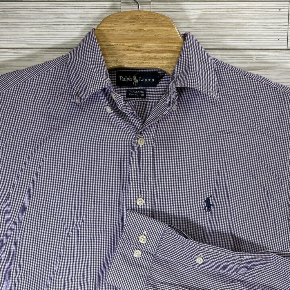 Polo Ralph Lauren Men's Button Down Yarmouth Purple White Check Sz M (15 1/2)‎